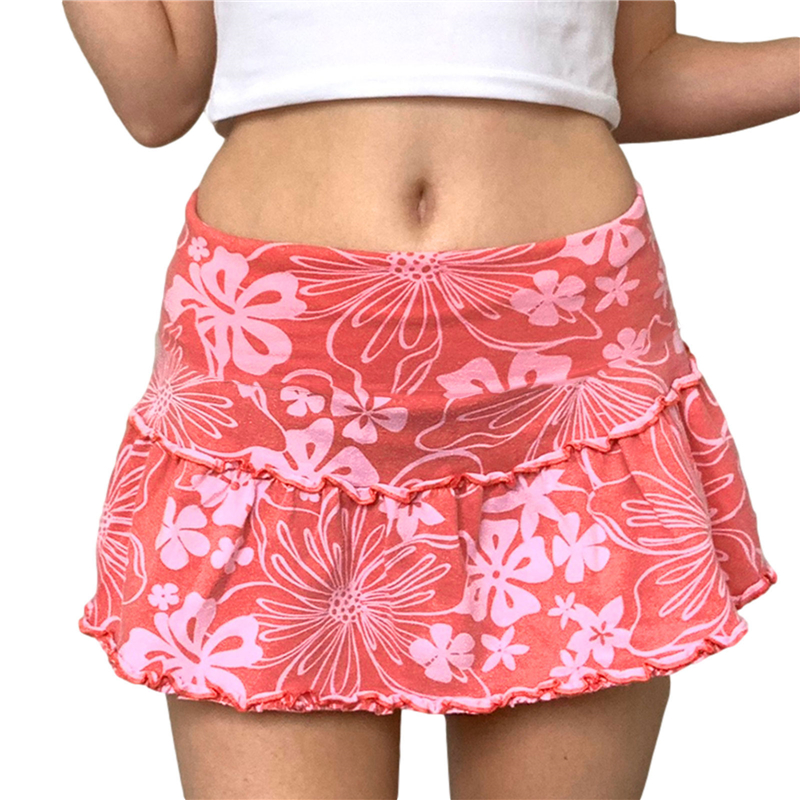 Women's A-Line Mini Skirt 90S High Waist Floral Print Frill Trim Above Knee Short Skirt Y2k Style Skirts Streetwear