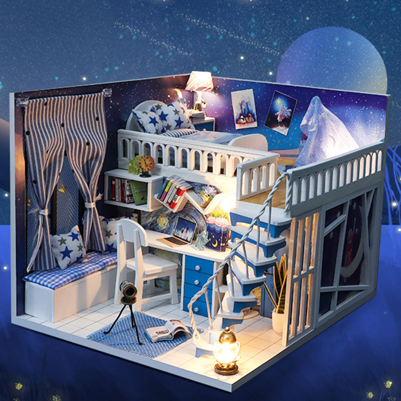 Dollhouse Kit LED Light Dustproof Case Wood Craft Themed Star House Gift