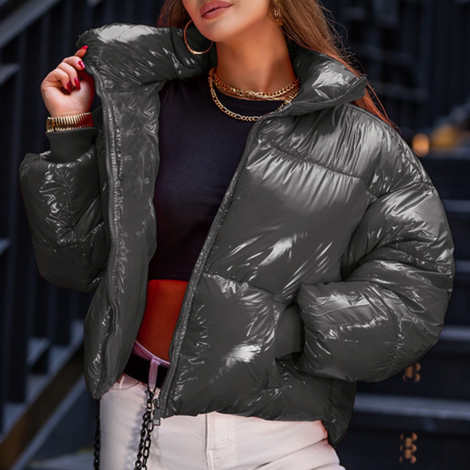 inverno feminino jaqueta moda falso couro zíper quente parkas feminino engrossar casacos de algodão acolchoado parka jaqueta com capuz outerwear