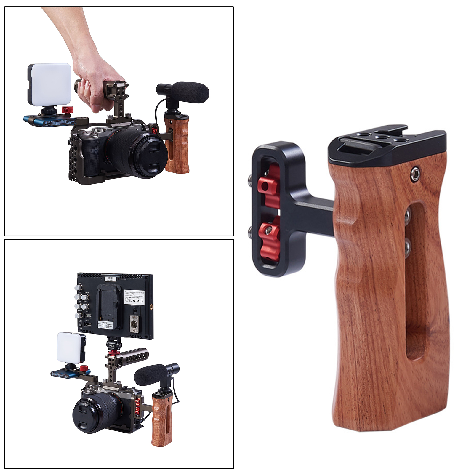 Universal Wood Handle Grip Mount for DV Video Cage Rig w/Cold Shoe 1/4” Thread holes , switch from the left to right quickly.