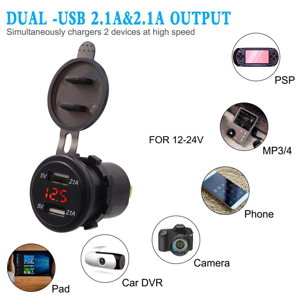 Car USB Charger Voltmeter LED Display Power Socket For Cell Phone Car GPS