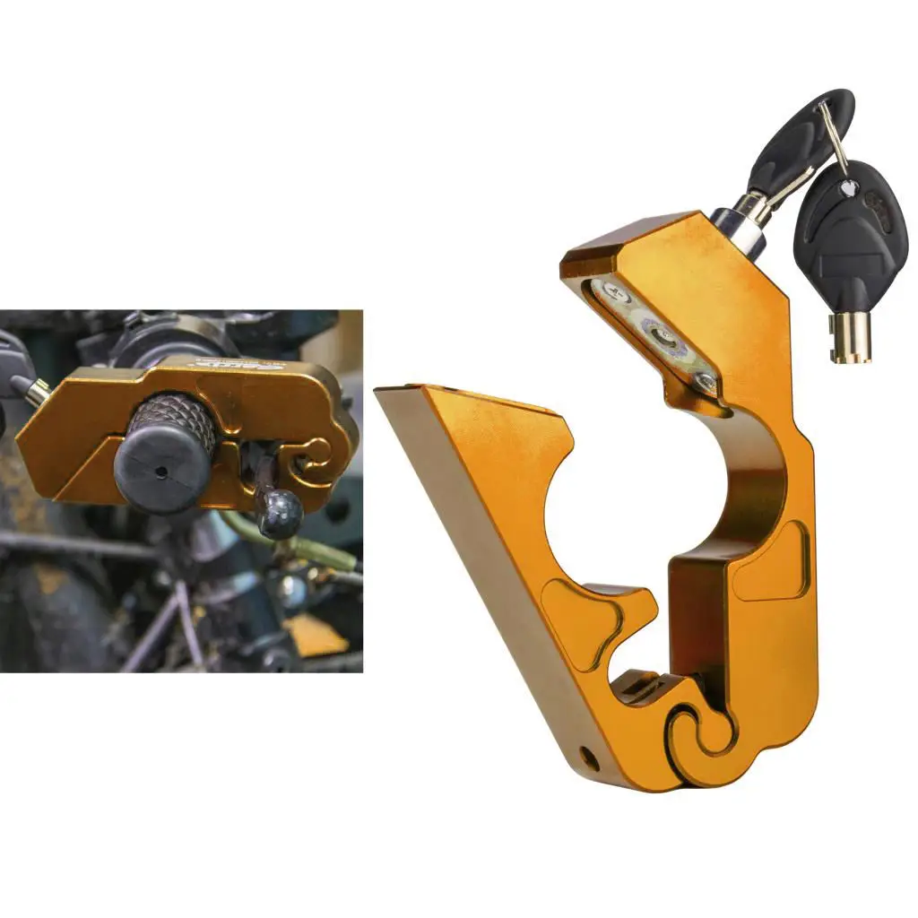 Golden Universal CNC Aluminum Motorcycle Handlebar Lock Anti-Theft Security with 2 Keys for Motorcycle Bike ATV Scooter