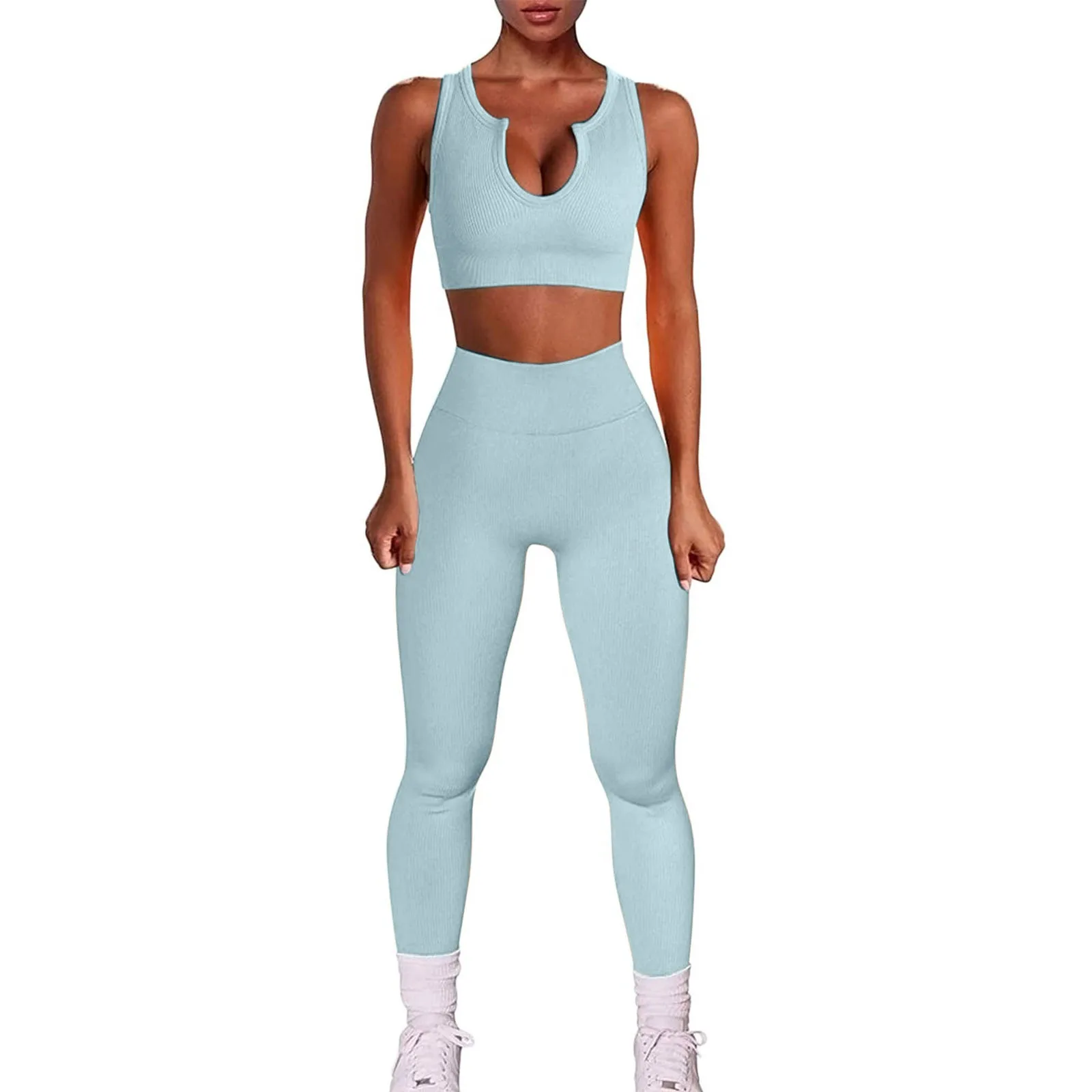 spanx pants Two Piece Set Women Sexy Workout Sets Seamless Ribbed Tank Crop Top High Waist Pants Suit Trousers Outfits Pants Sets 2021 leggings with pockets