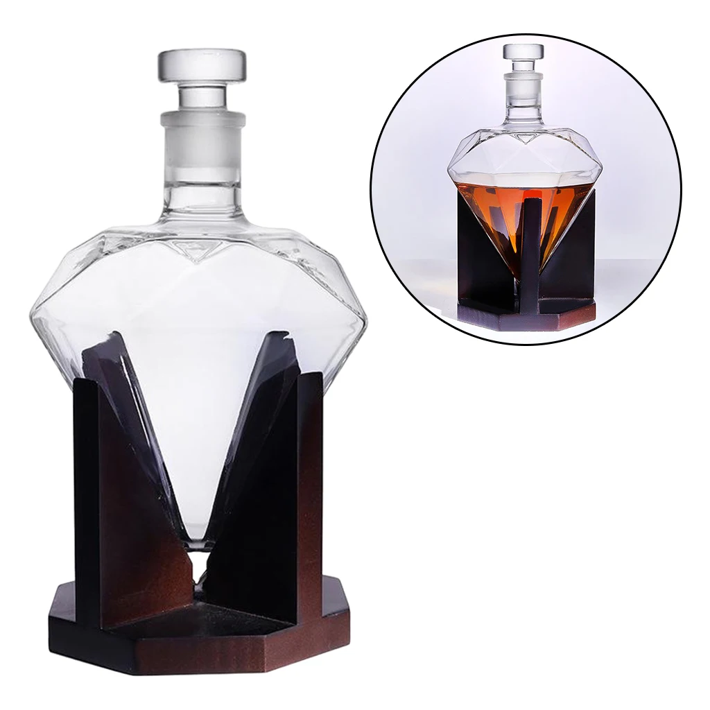 Whiskey Decanter Diamond Shaped with Wooden Holder ? Elegant Handcrafted