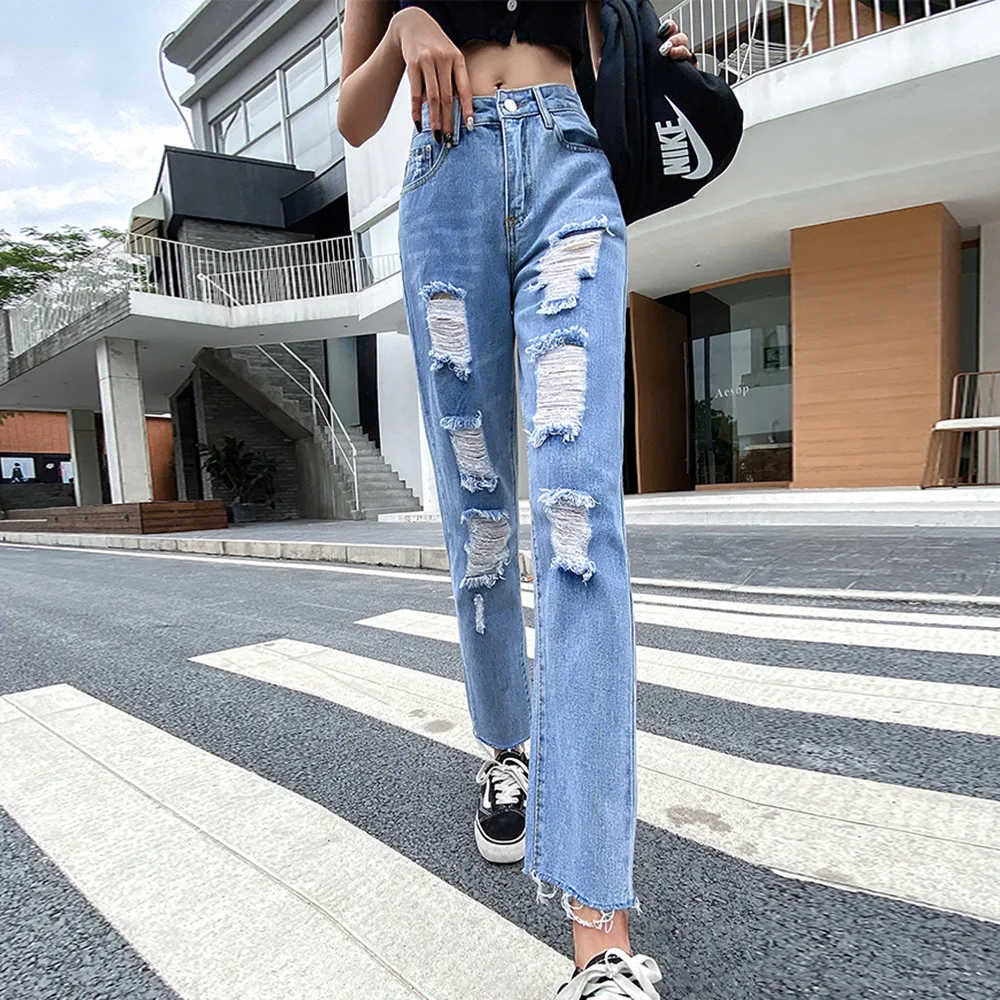 Modern Wide Leg Push Up Mujer High Waist Denim Trousers Grunge Plus Long Slack Button Fly Hole Ripped Jeans for Women - AliExpress Women's Clothing