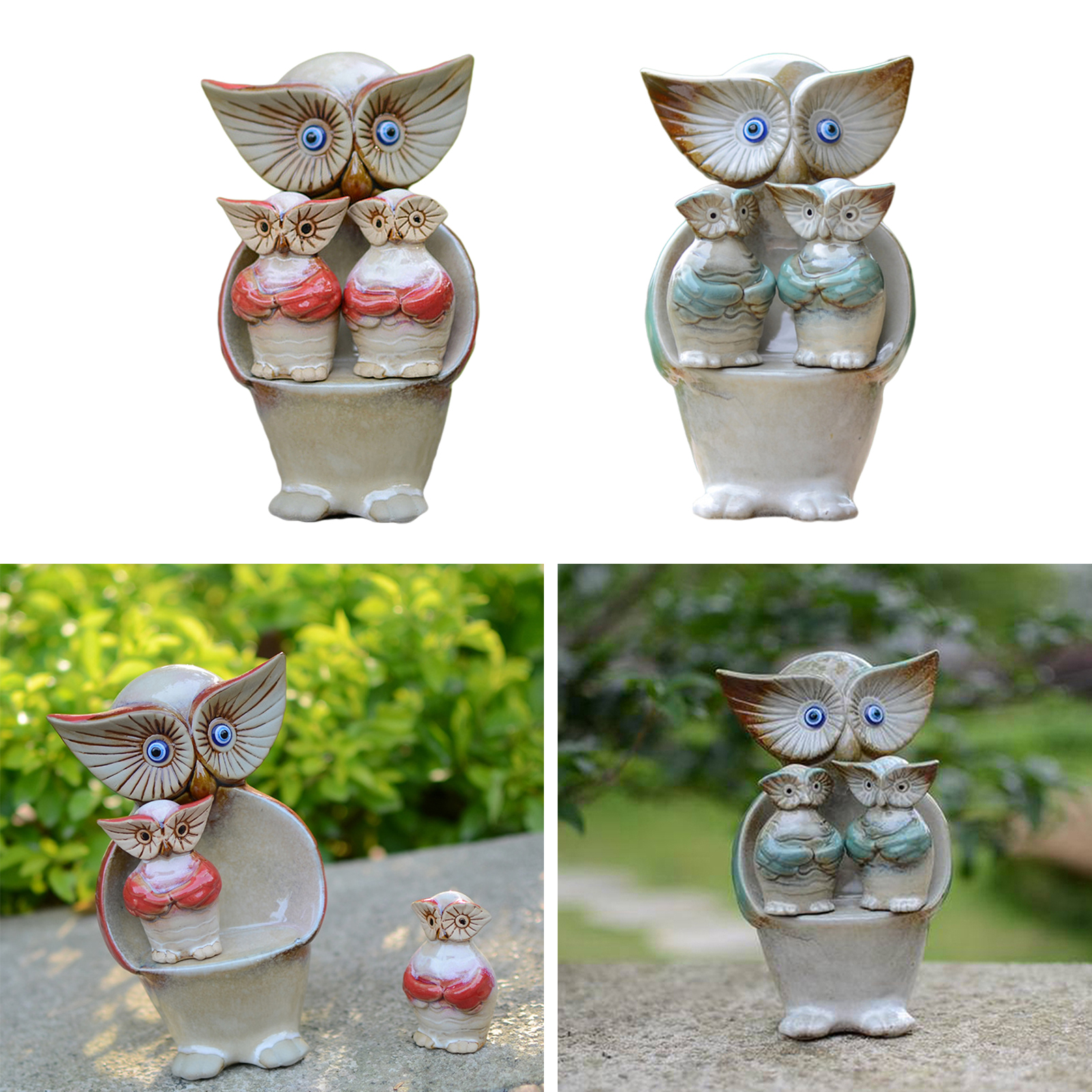 3/Set Cute Porcelain Owl Figurine Funny Miniature Shelf Garden Statue Decor