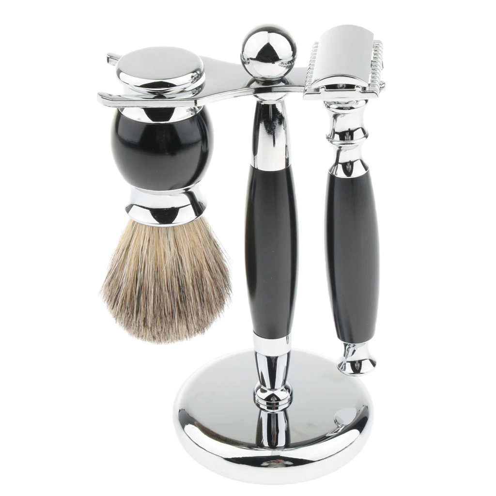 3 In 1 Black Men Beard Shaving Kit Set - Safety  + Brush + Holder Stand, Professional Grooming Tool