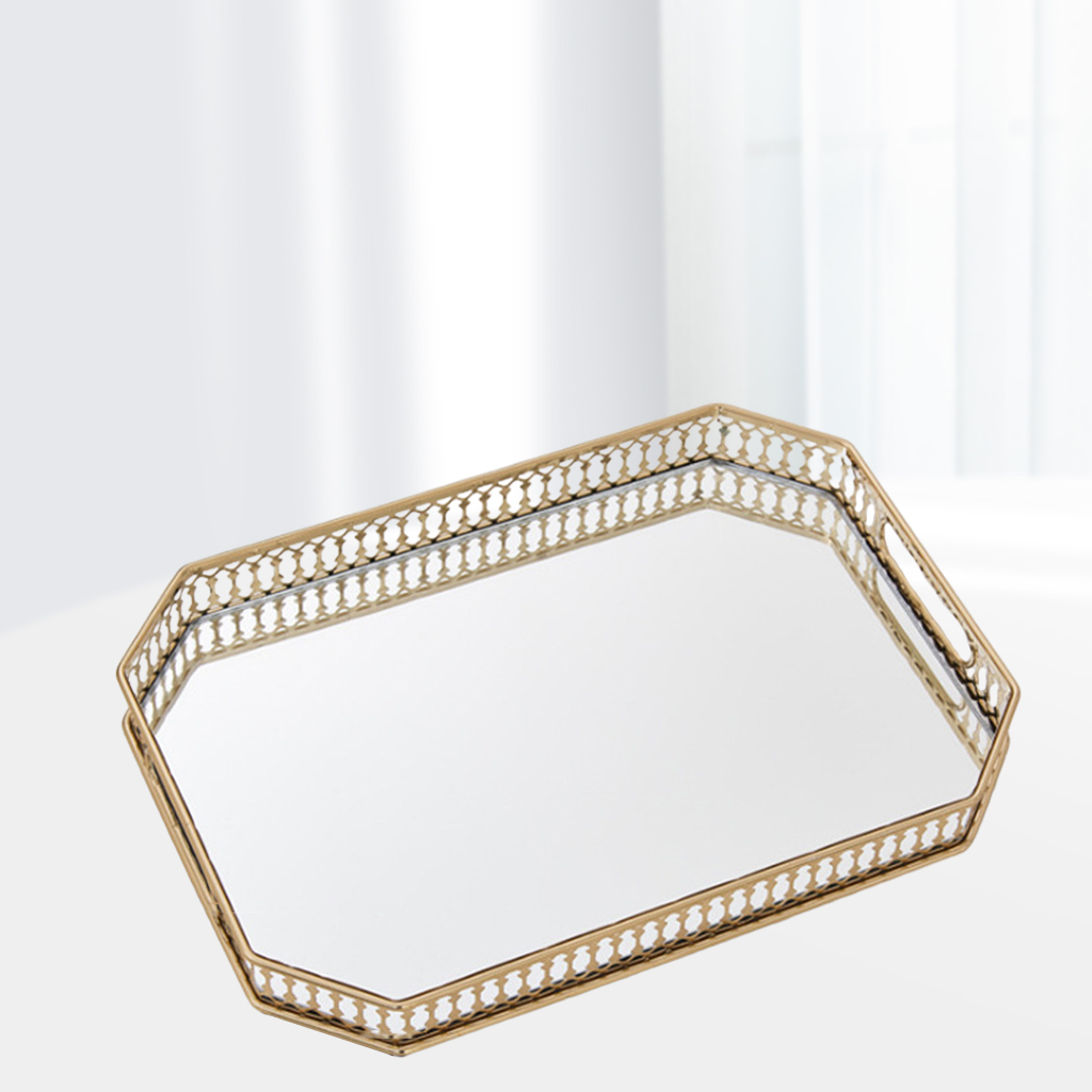 Gold Mirrored Glass Metal Tray Organizer Storage Dessert Serving Plate