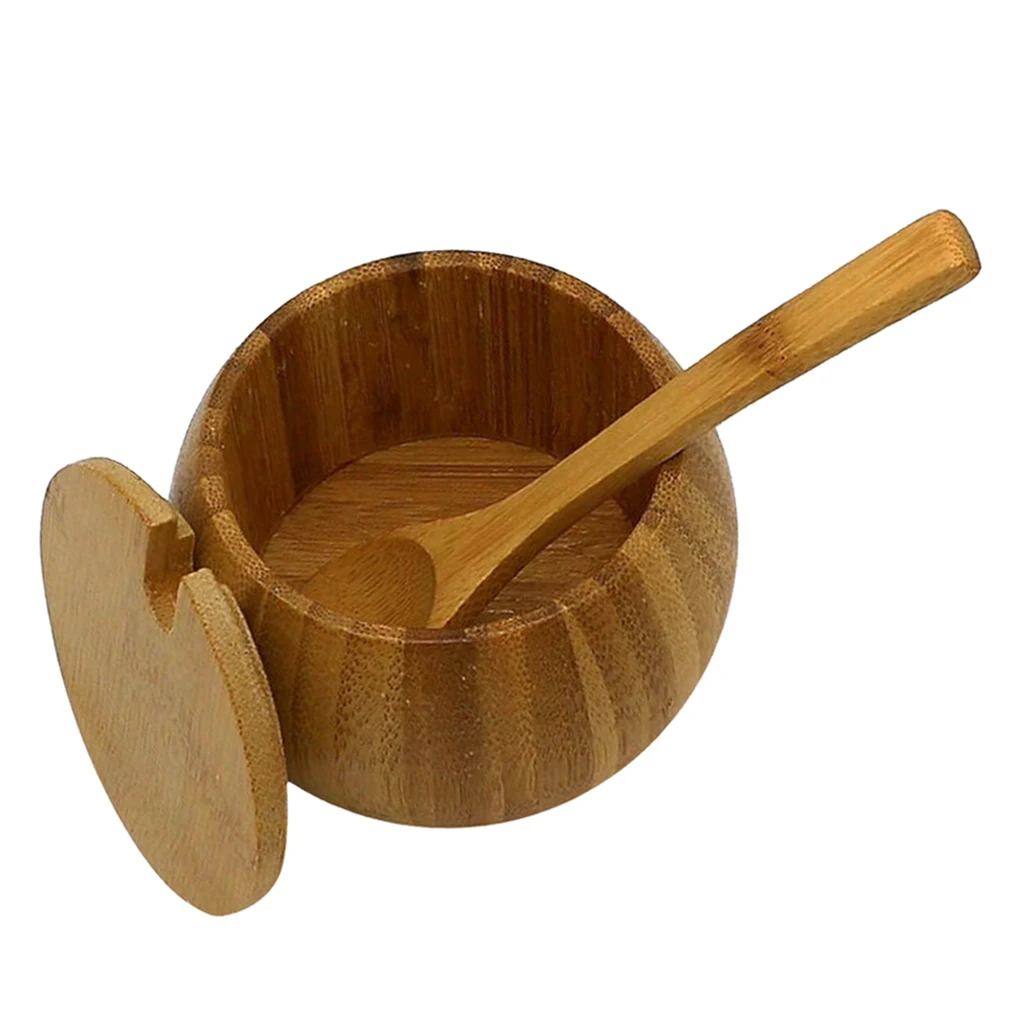 Bamboo Wooden Spice Jar Sugar Bowl Coffee Condiment Storage Box with Spoon