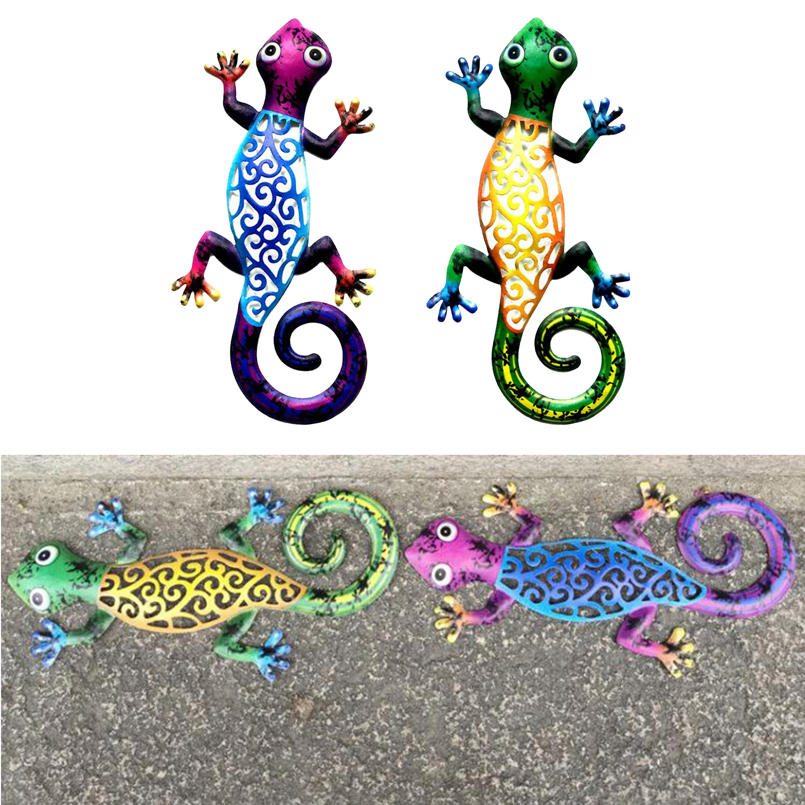 Iron Art Gecko Ornaments Outdoor Metal Lizard Art Hanging Sculpture for Patio