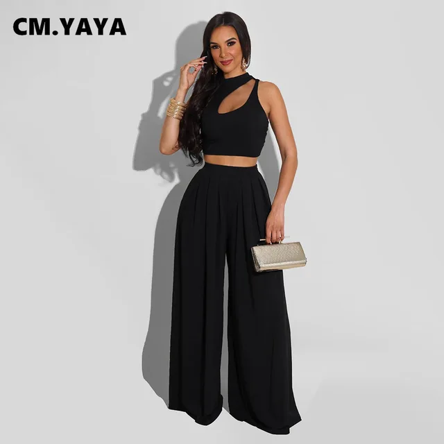 CMYAYA Pleated Chiffon Women Wide Leg Loose Floral Pants Trousers Suit and  Long Sleeve V-neck Shirt Tracksuit Two 2 Piece Set