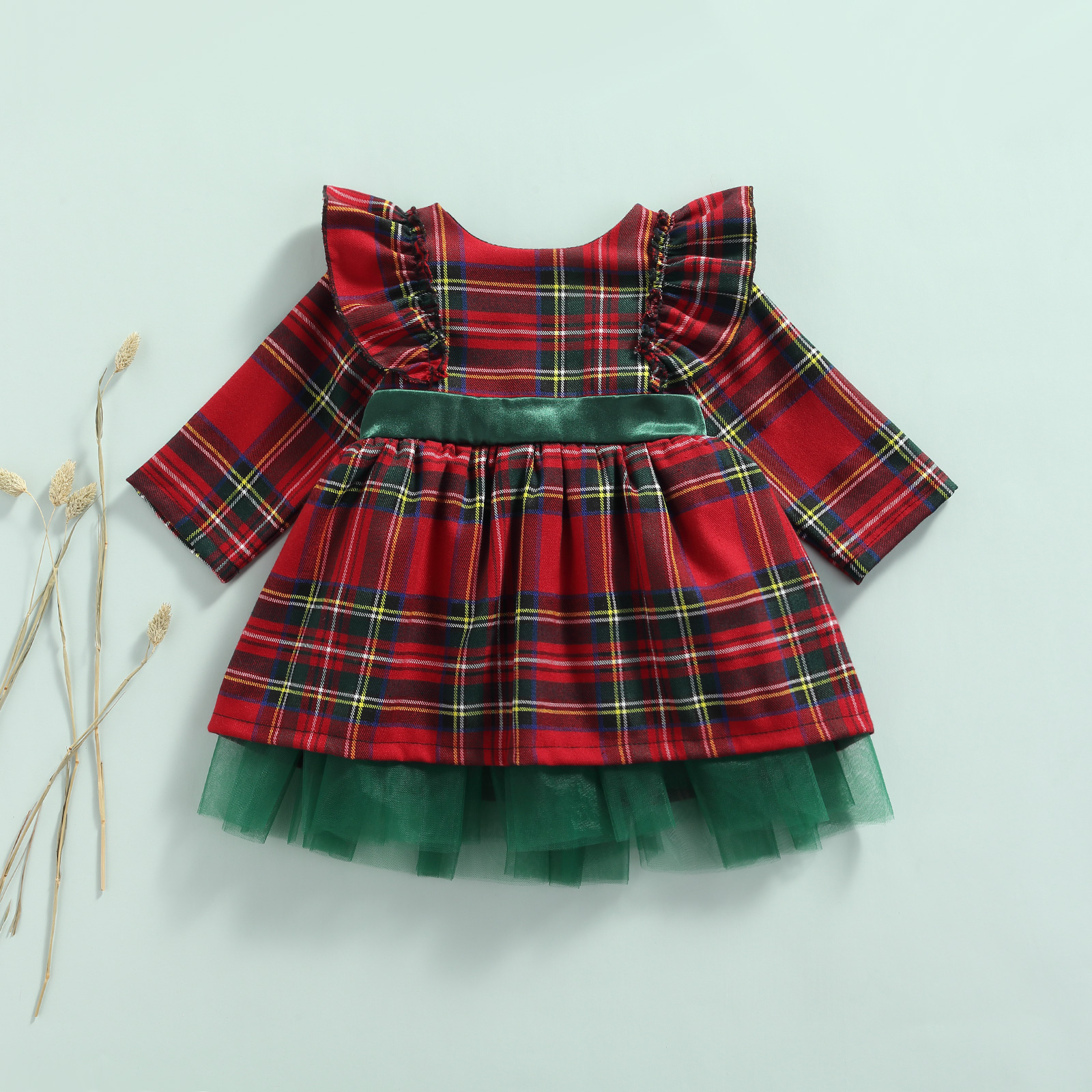 FOCUSNORM 0-6Y Prinzessin Baby Mädchen Weihnachten Party Kleid Plaid Gedruckt Rüschen Langarm Big Bowknot Spitze Tutu Kleid – Detail 1