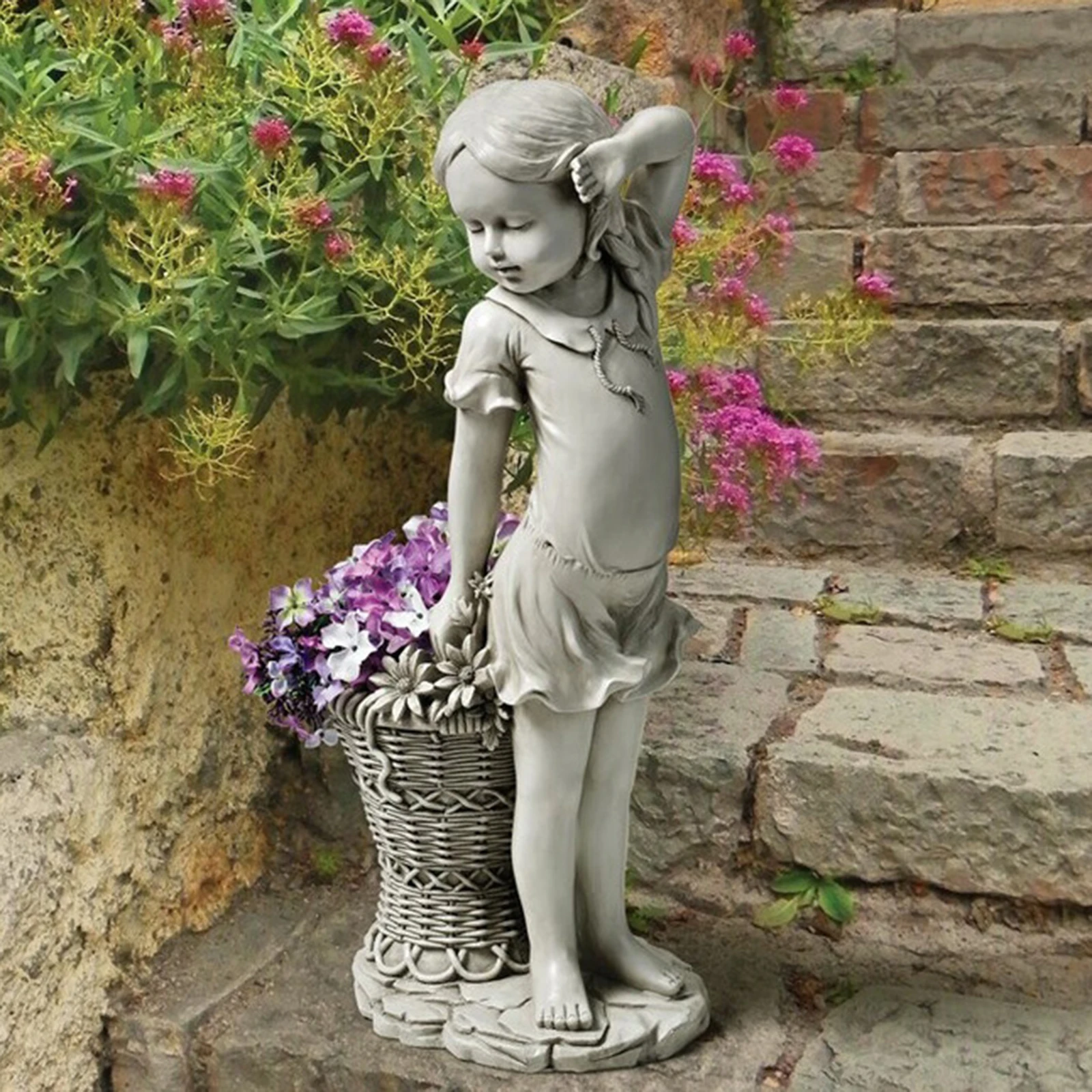 Resin Flower Girl Garden Statue Adorable Child Ornament Garden Decor Child Figurine Planter Basket Ornament