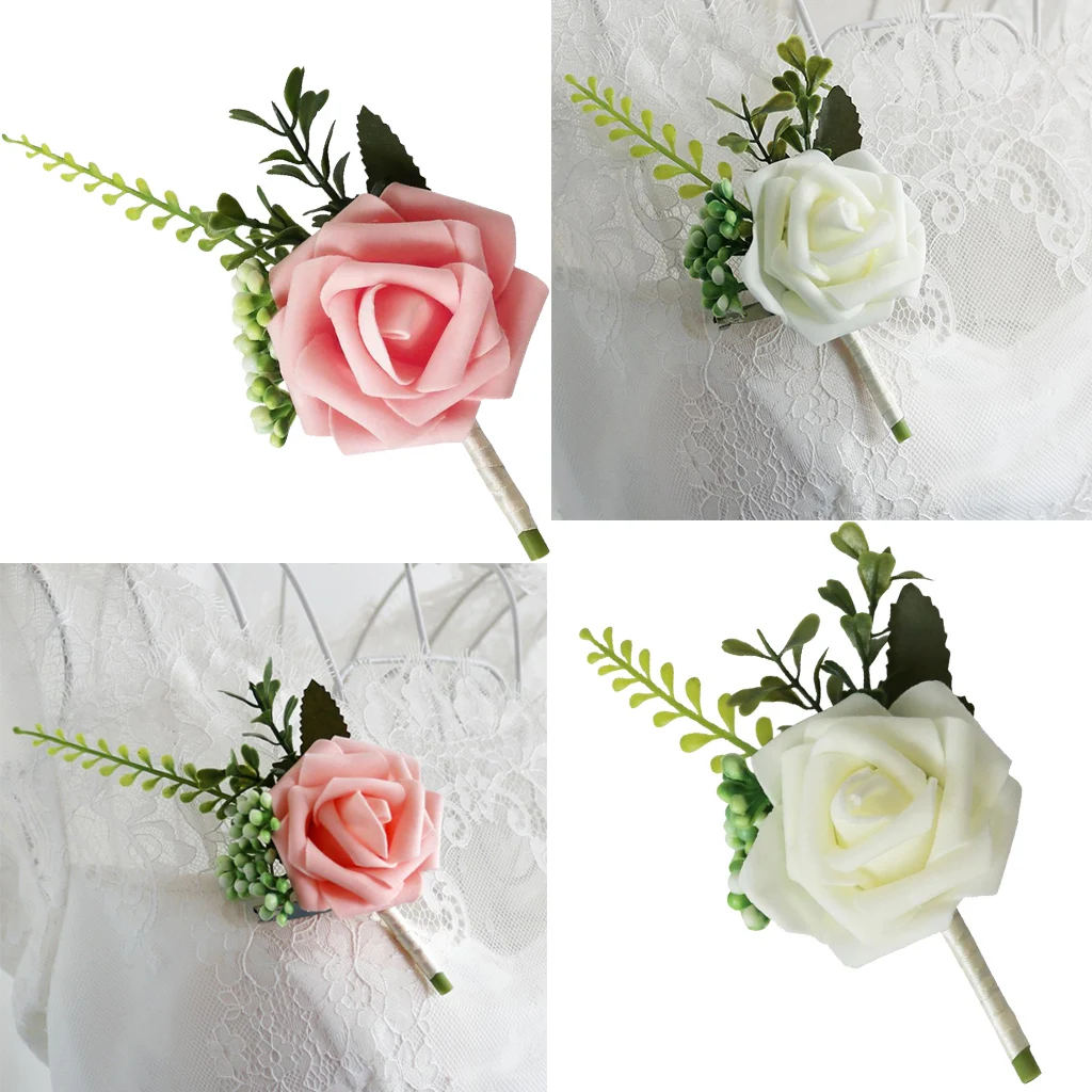 Wedding Boutonniere Artificial PE Rose Flowers Corsages for Bride Groom Groomsmen Bouquet Brooch