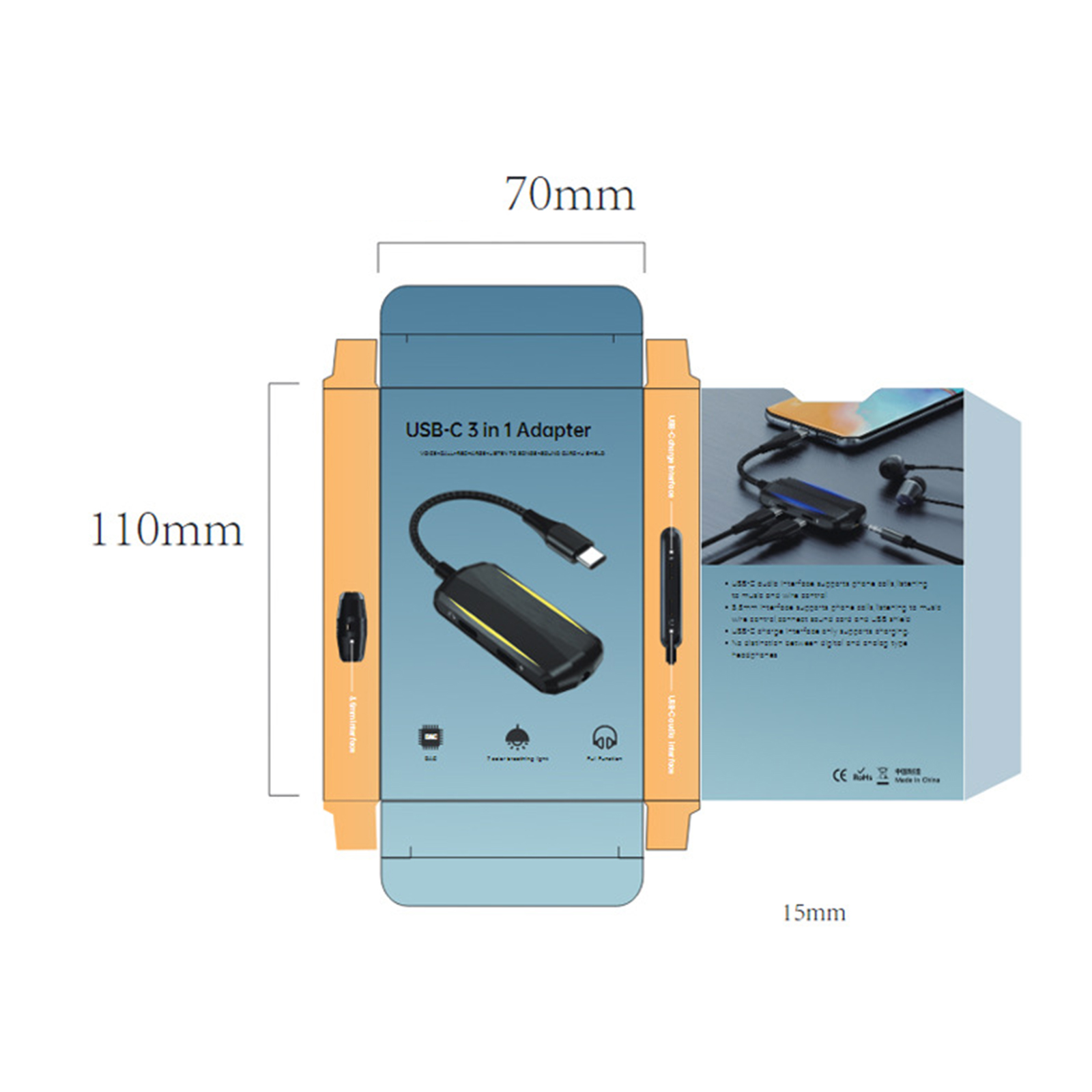 3-In-1 USB C to 3.5mm Audio Adapter PD3.0 60W Fast Charging Converter for USB C Cellphones Plug and Play Headphone Jack Dongle