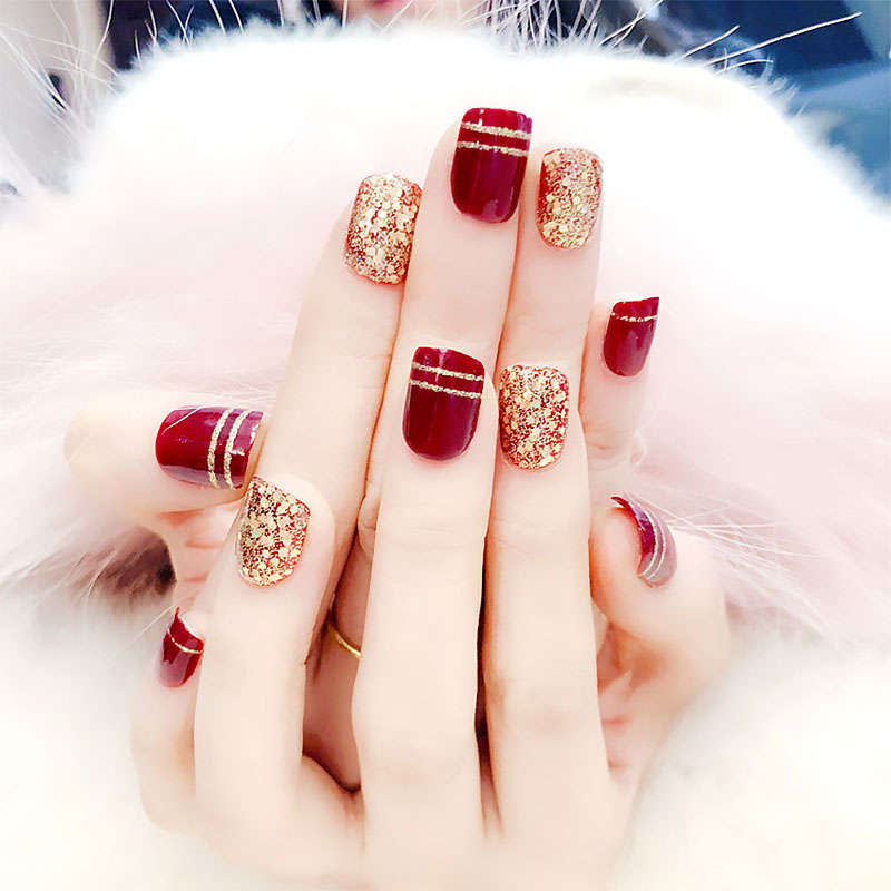 Falsas com Glitter Curto Vinho Vermelho Prego Arte Unhas Dourado Champanhe Casamento Unha Ponta Completa Hjl2022 24 Pçs 2 24 pçs curto vinho vermelho prego arte