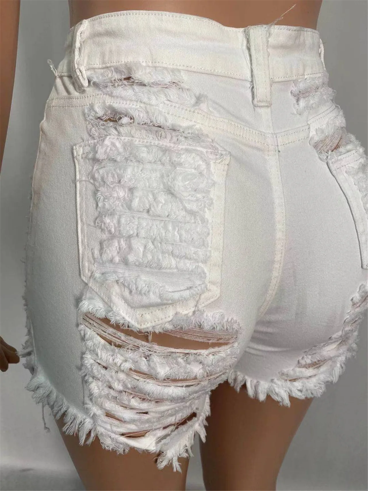 Distressed Women Hole Jeans 2021 Summer Solid High Waist Zipper Up Denim Shorts Sexy Tassel High Street White Bodycon Trouser