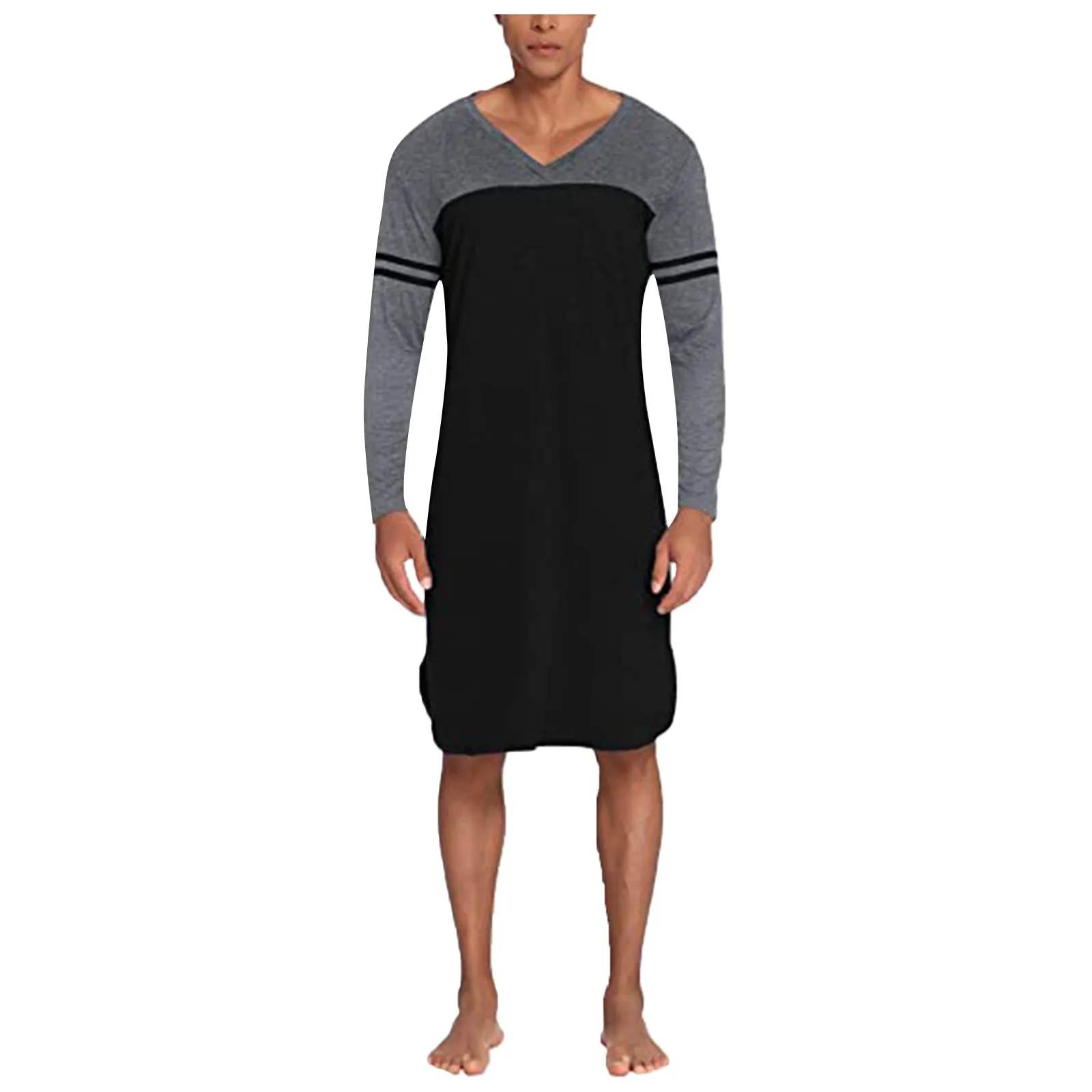 Men Sleep Robes Long Sleeve V Neck Nightgown Homewear Comfortable Patchwork Mid-length Loose Mens Bathrobes Dressing Gown 2021 mens plaid pajama pants
