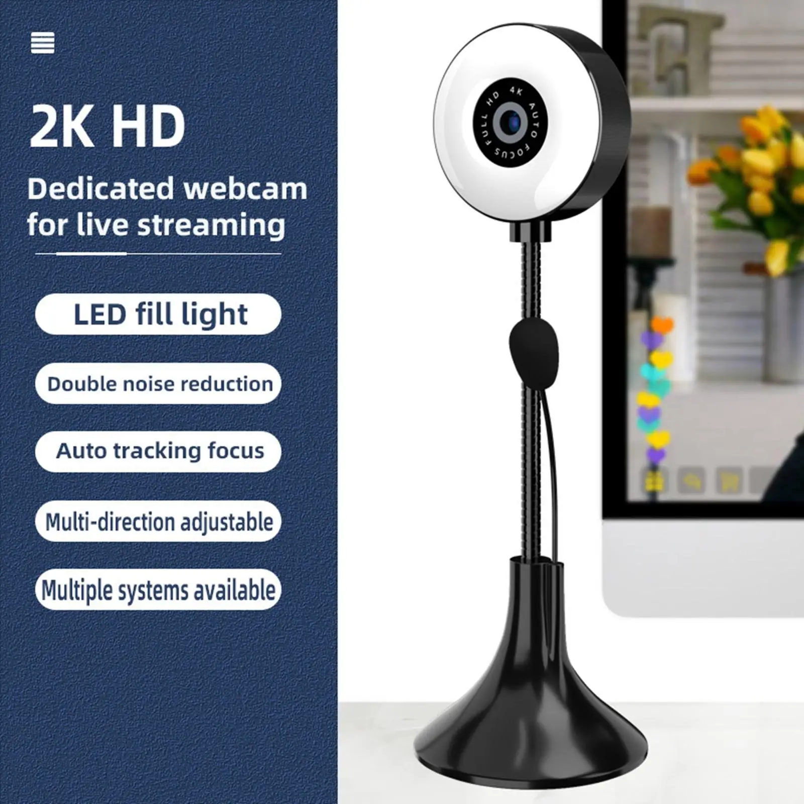Webcam 4K Light Correction AK Clear AutoFocus Smart 4K Lens Group Rotatable Wide Field of View Web Camera for Zoom Webcast