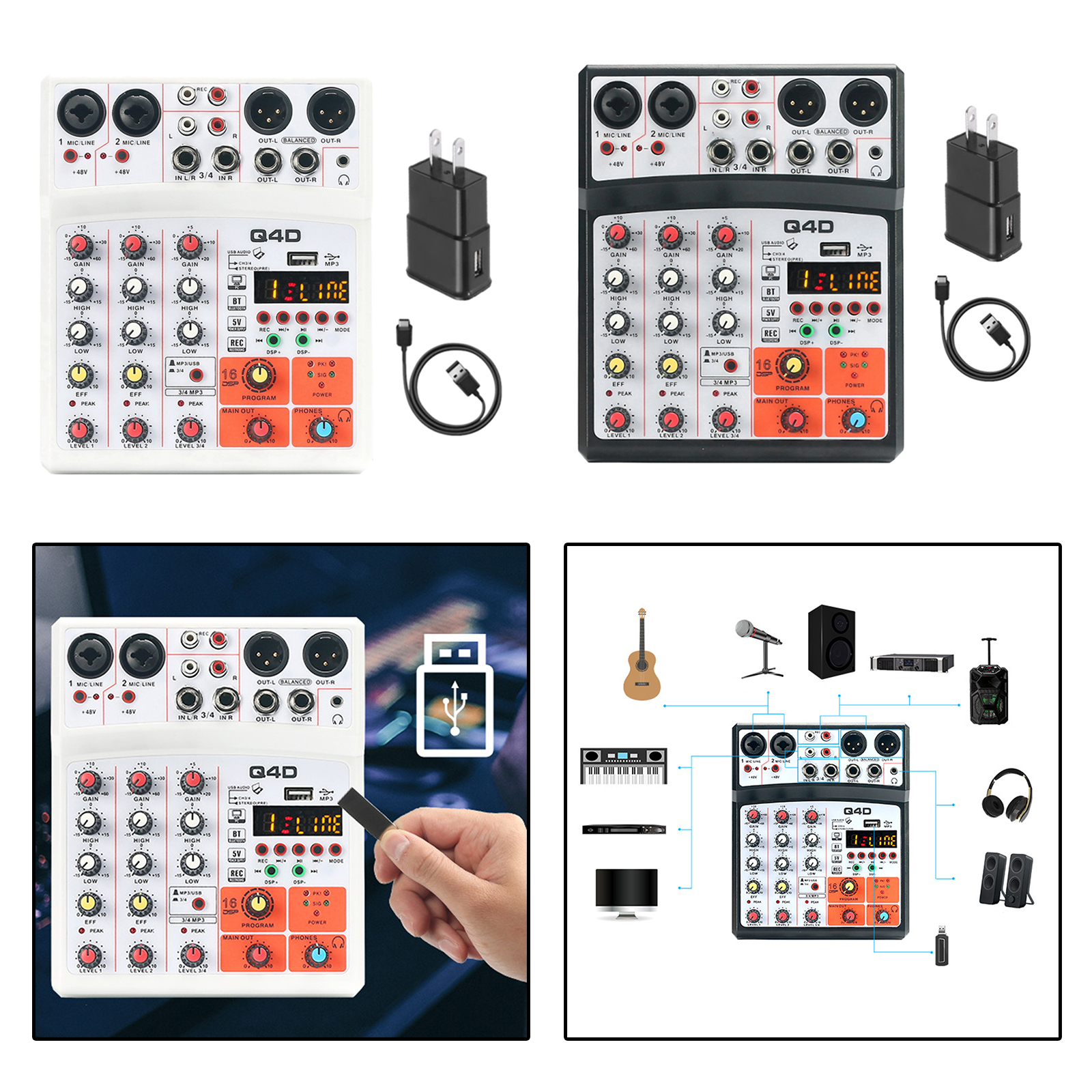 4 Channels DJ Audio Sound Mixer with 48V Phantom Power, Desktop Karaoke with MP3 Input, High Performance