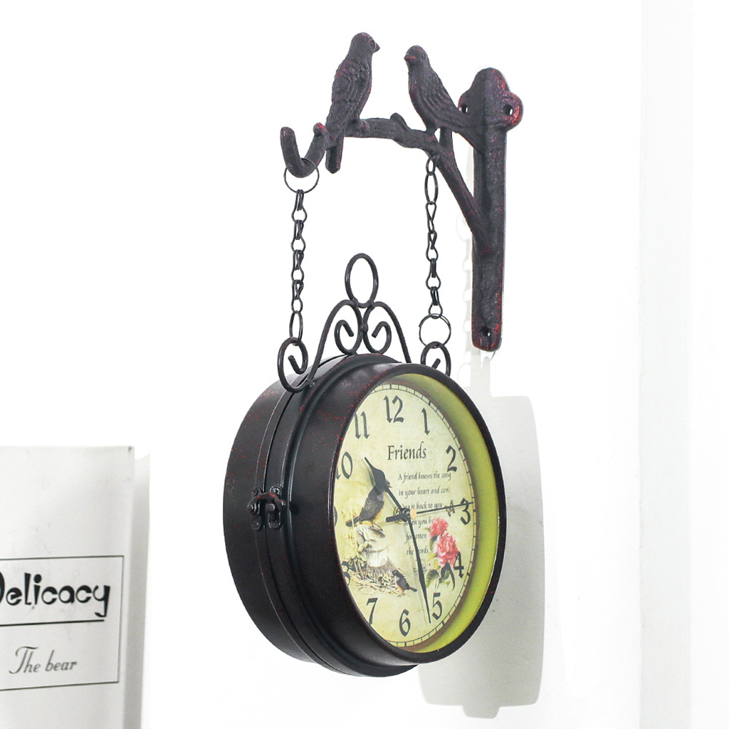 8'' Outdoor Wall Clock ing Retro Double Sided Battery Powered Metal Mount Vintage Garden Coffee Bar Decoration Round Station