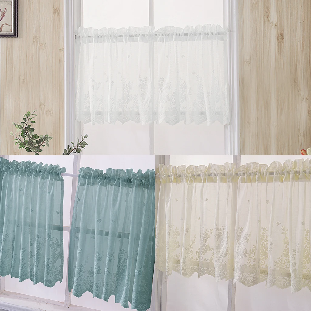 1 Panel Floral Embroidered Short Curtain Window Tiers Sheer Voile for Cafe