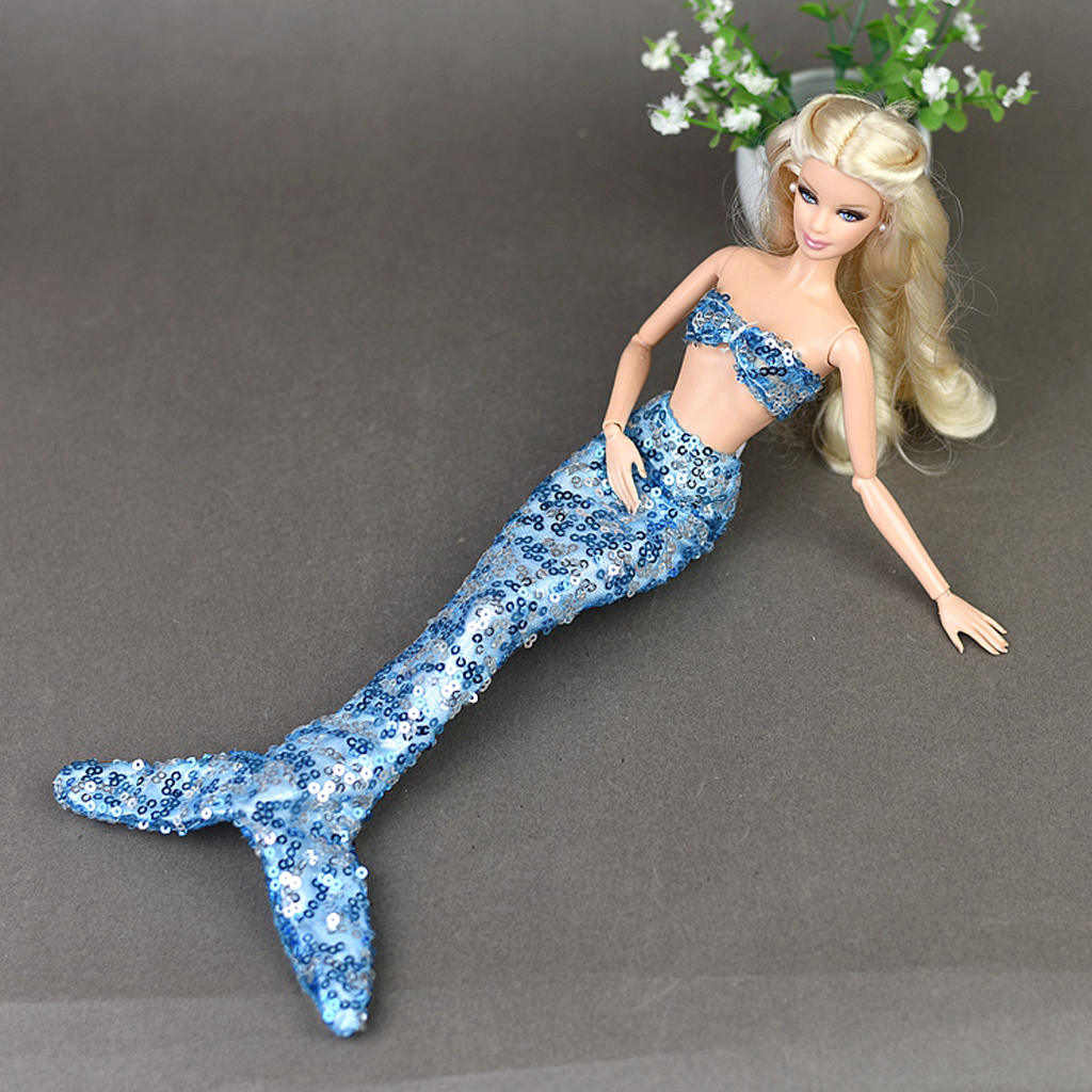 New Hot Doll Garments Outfit Swimwear Mermaid Big Tail Dress Bra Top for 12''  Doll Accessories Light Blue
