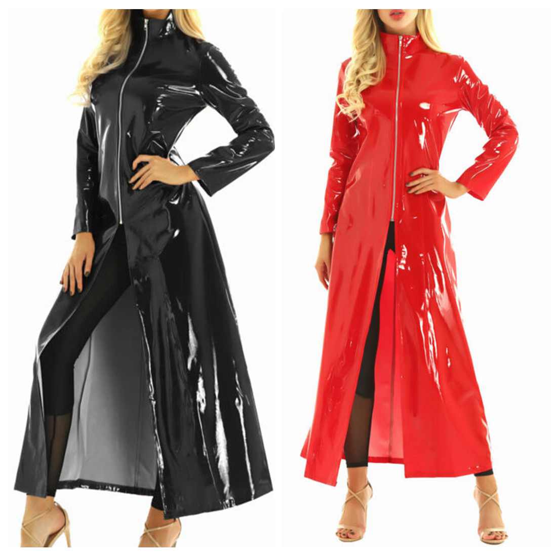 moda pvc couro trench coat unisex feminino punk streetwear longo trench coat wetlook clubwear homens quente moto biker trench coat