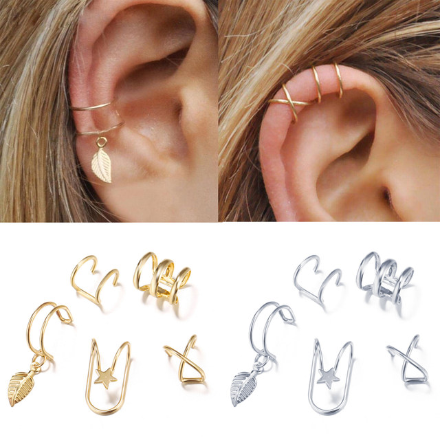 5Pcs/set Minimalist Double Wrap Leaf Star Cross Ear Cuff Dainty