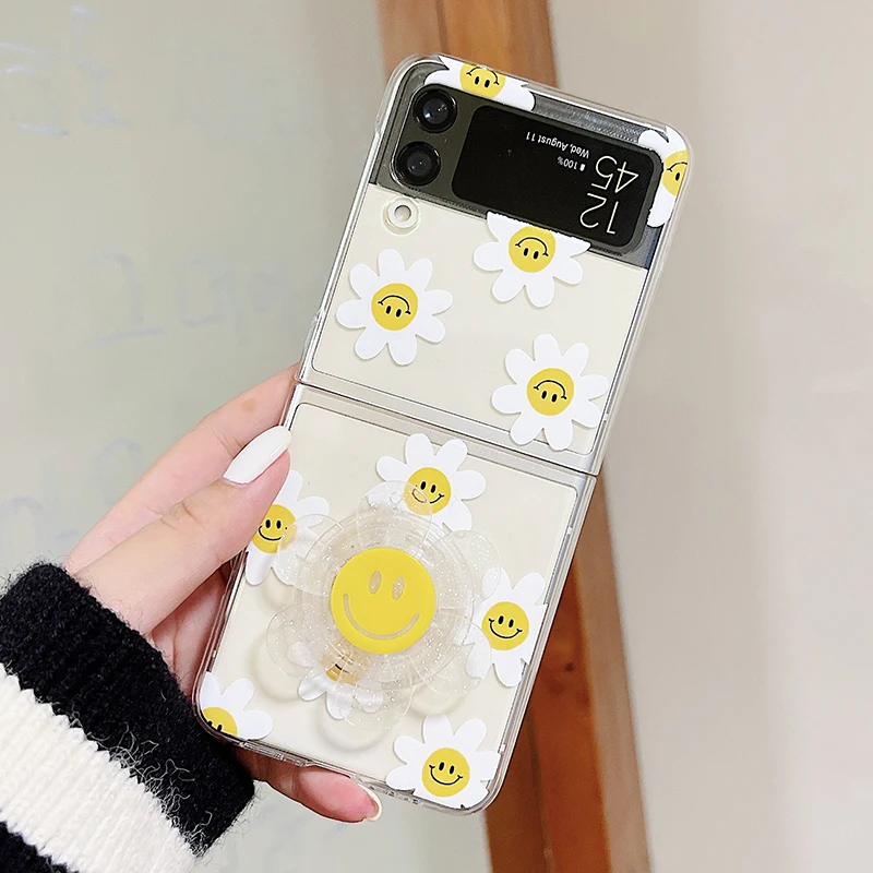 Beautiful Sunflower Phone Case For Samsung Galaxy Z Flip 3 Cute Smile Holder Clear Hard PC Cover Case For Samsung Z Flip3 Zflip3 kawaii samsung phone cases