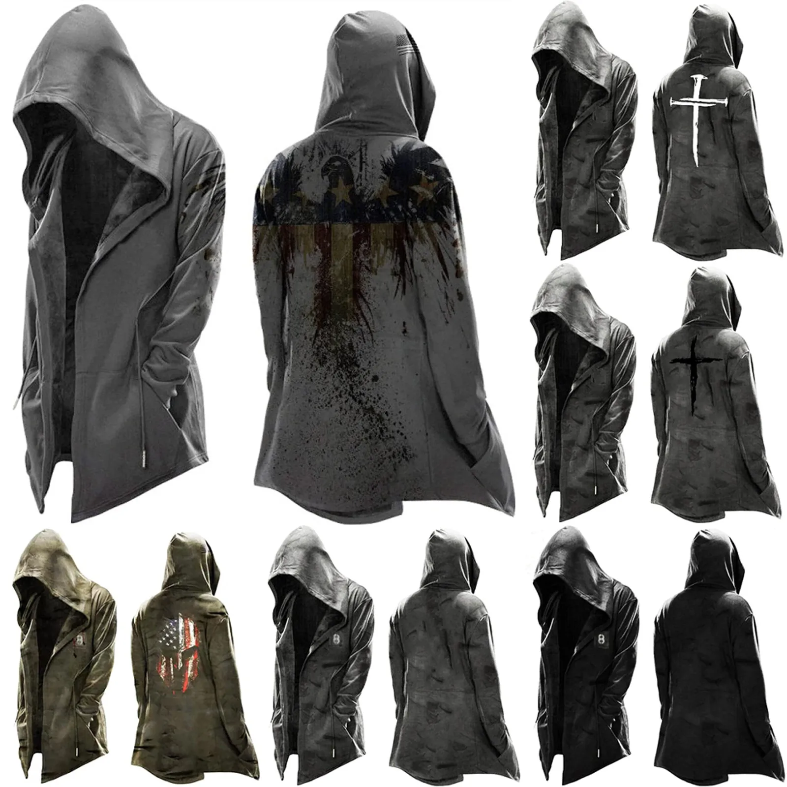 Gothic Punk Jackets Men Cross Creed Men's Hooded Pullover Jacket Cosplay Coat Drawstring Long Hoodie Vintage