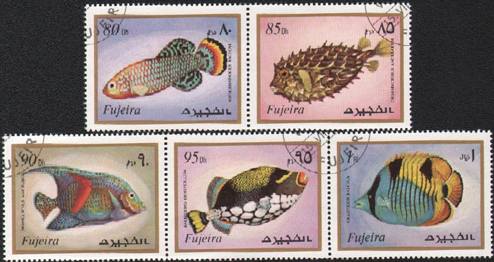 Description Picture 2 of item5Pcs/Set Fujaira Post Stamps 1972 Marine Ornamental Fish  Marked Postage Stamps for Collecting