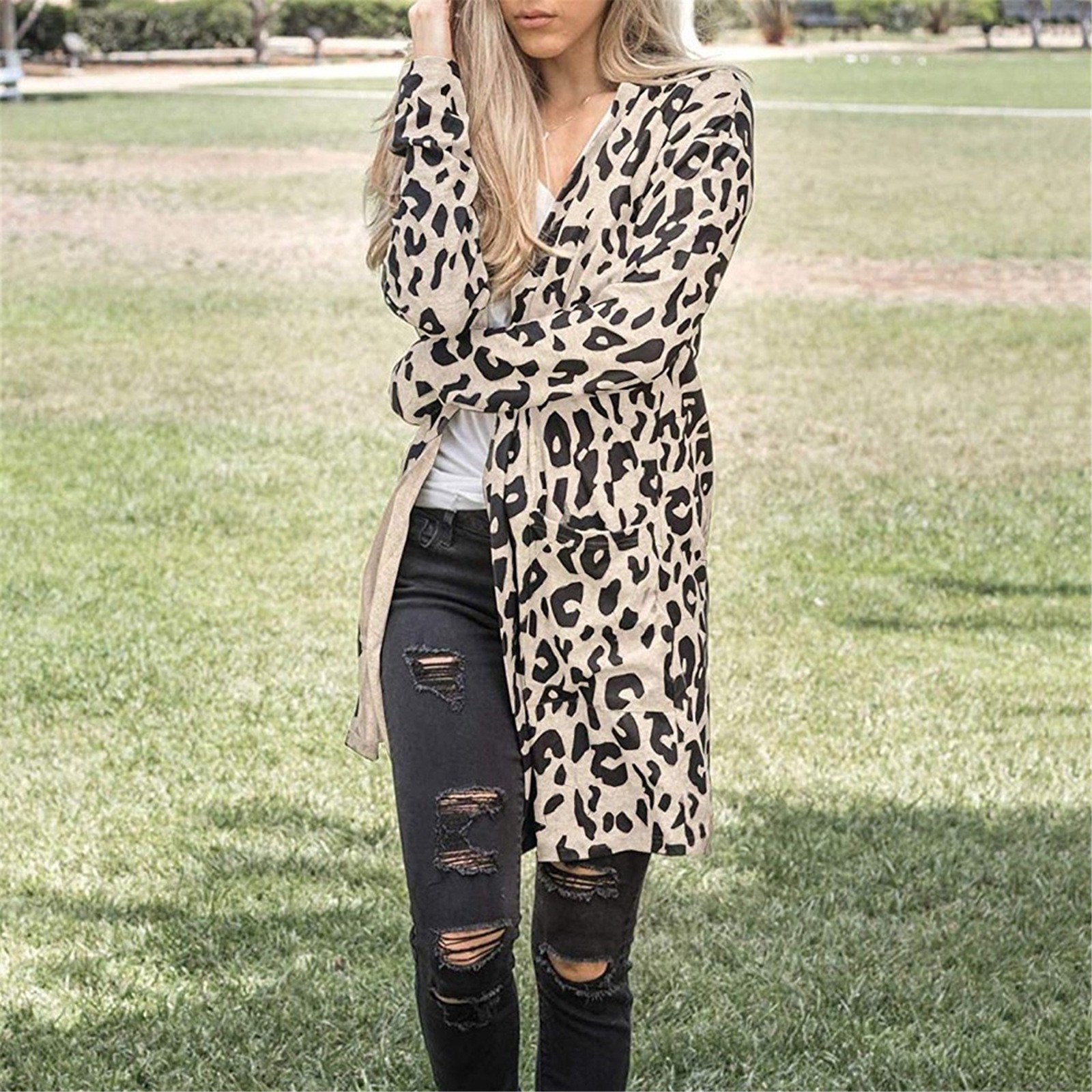 casual leopardo impressão bolso falso pele outwear