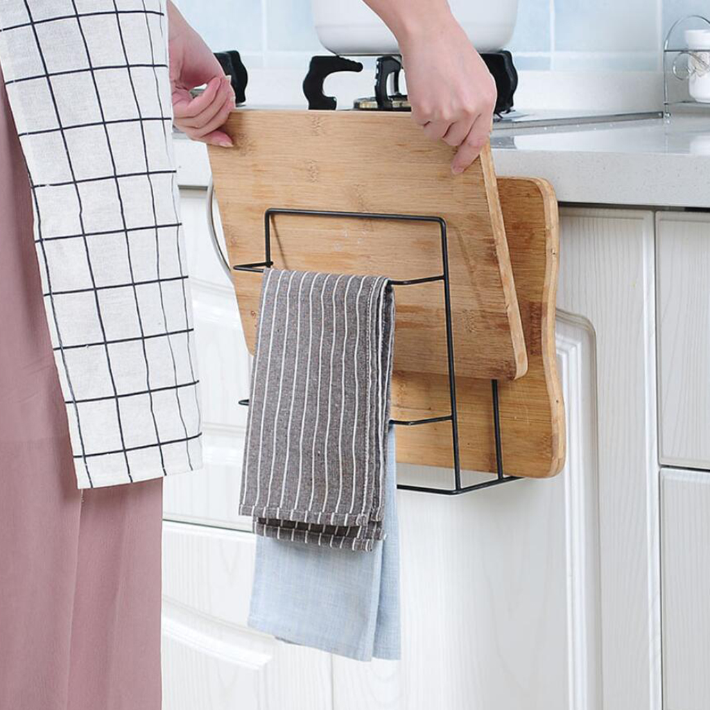 Under Cabinet Cutting Board Towel Storage Rack Multi-functional Kitchen Hook, Over Door Hanger Board Towel Organizer