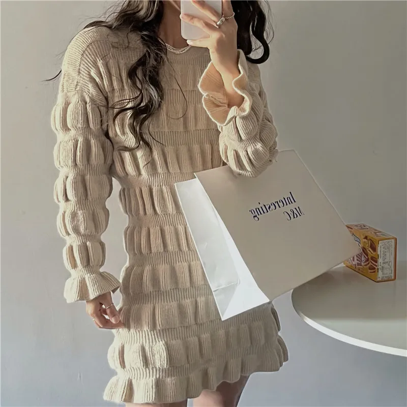 Hd2d817c907924e41af9ec928c27ce748M - Winter Korean O-Neck Long Flare Sleeves Ruched A-Line Knitted Mini Dress