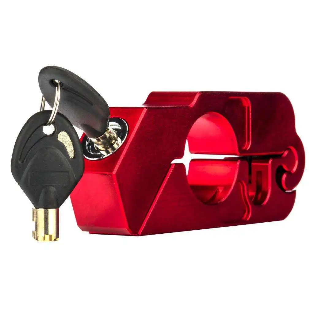 Red Universal CNC Aluminum Motorcycle Handlebar Lock Anti-Theft Security with 2 Keys for Motorcycle Bike ATV Scooter