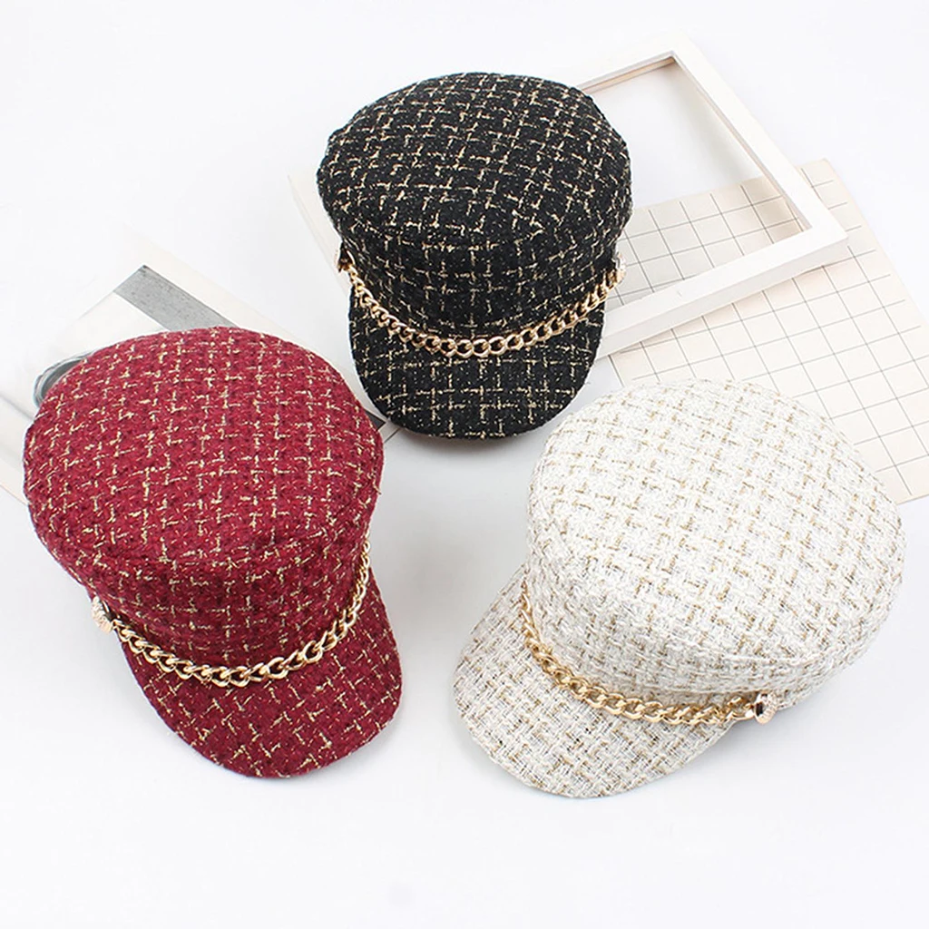 Women Plaid-Tweed Newsboy Hat Captain-Sailor Fisherman Hat Peaked-Beret Cap with Chain Women Plaid-Tweed Newsboy Hat Captain-Sailor Fisherman Hat Peaked-Beret Cap with Chain