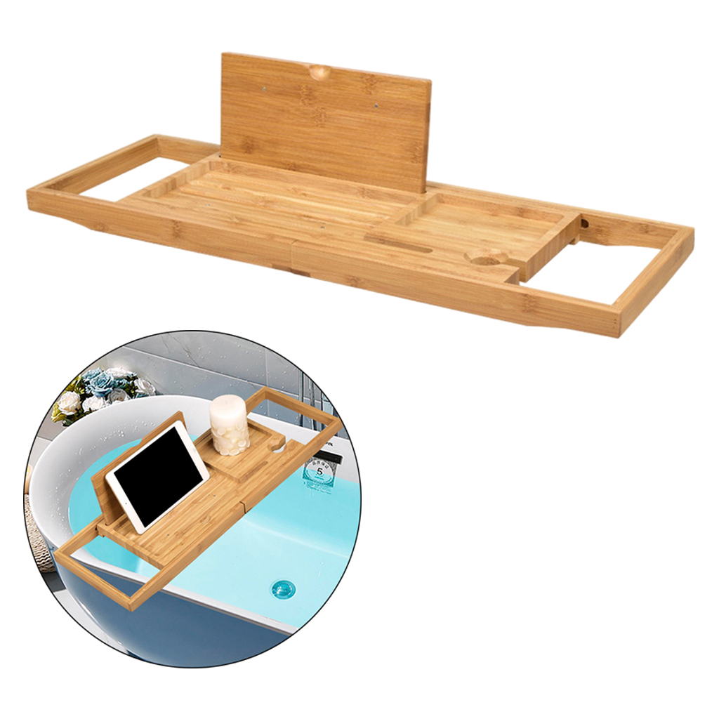Wooden Bath Caddy Tray Extendable Bathtub Bridge Board Shelf wint Book / Tablet Stand, Wine Candle Holder