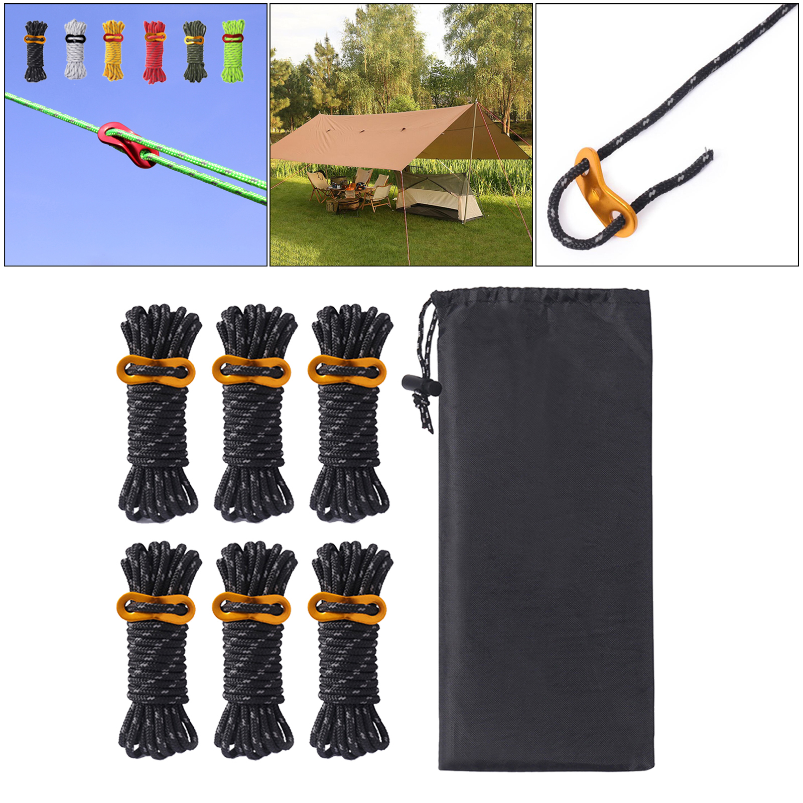 6psc/set Outdoor Camping Tent Cord Windbreak Reflective Wind Rope With Rope Buckle