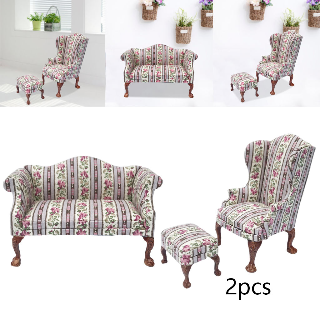 5 Dollhouse Sofa 1/12 Scale Furnish Floral Pattern Wooden Armchair Low Stool