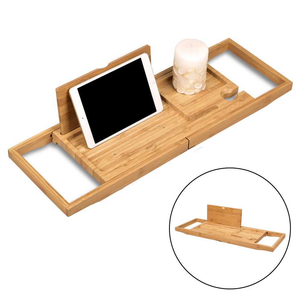 Wooden Bath Caddy Tray Extendable Bathtub Bridge Board Shelf wint Book / Tablet Stand, Wine Candle Holder