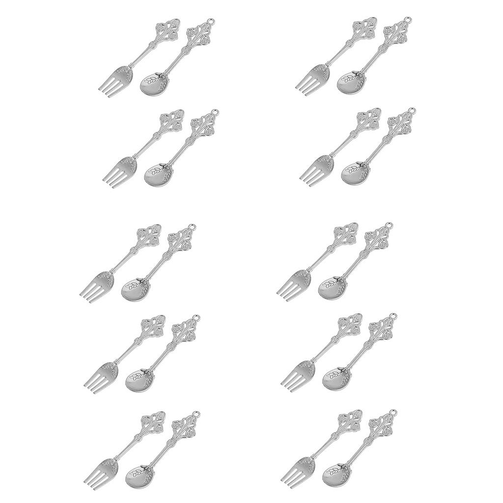 10 Pairs Mini Silver Spoon Fork Kit Tableware for 1/12 Dolls House Kitchen