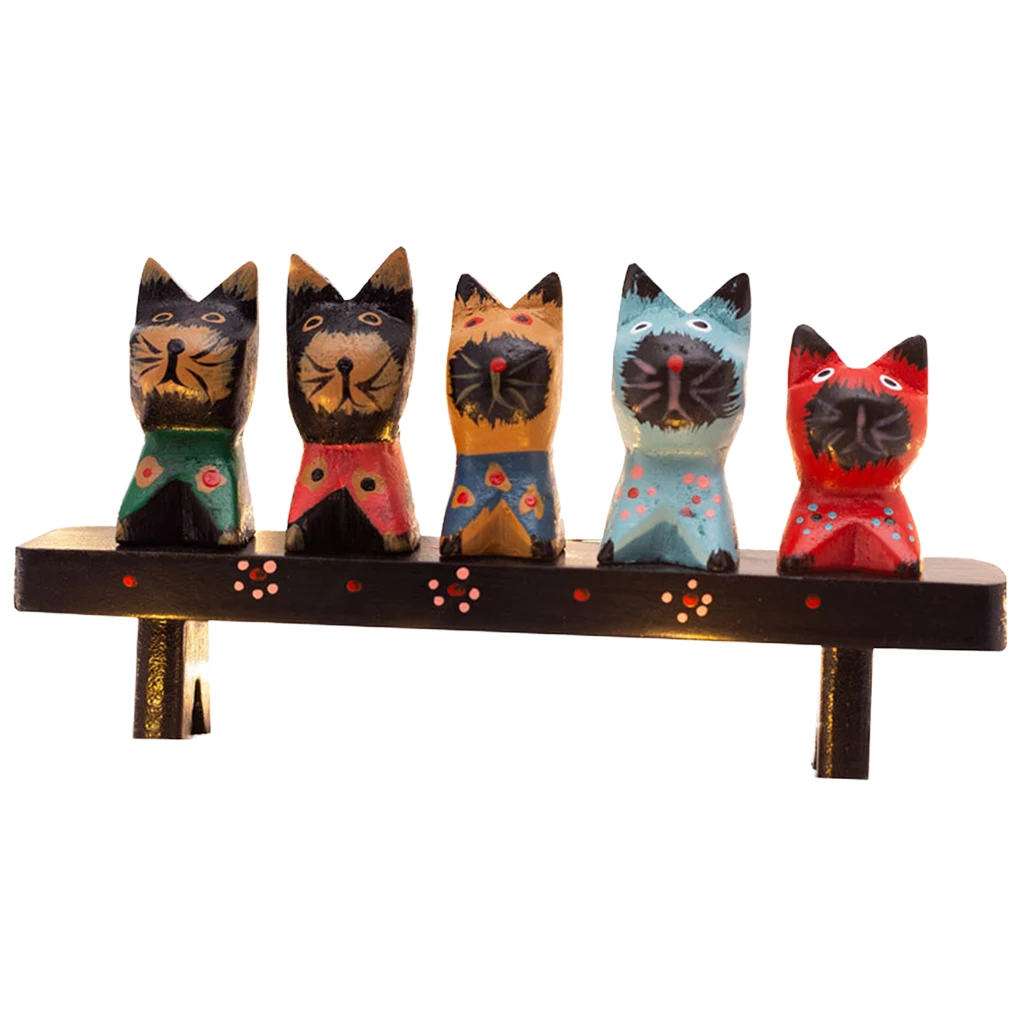 Chic Wood Cat Figurines Sculpture Handmade Mini Kitten Statue Shelf Decor