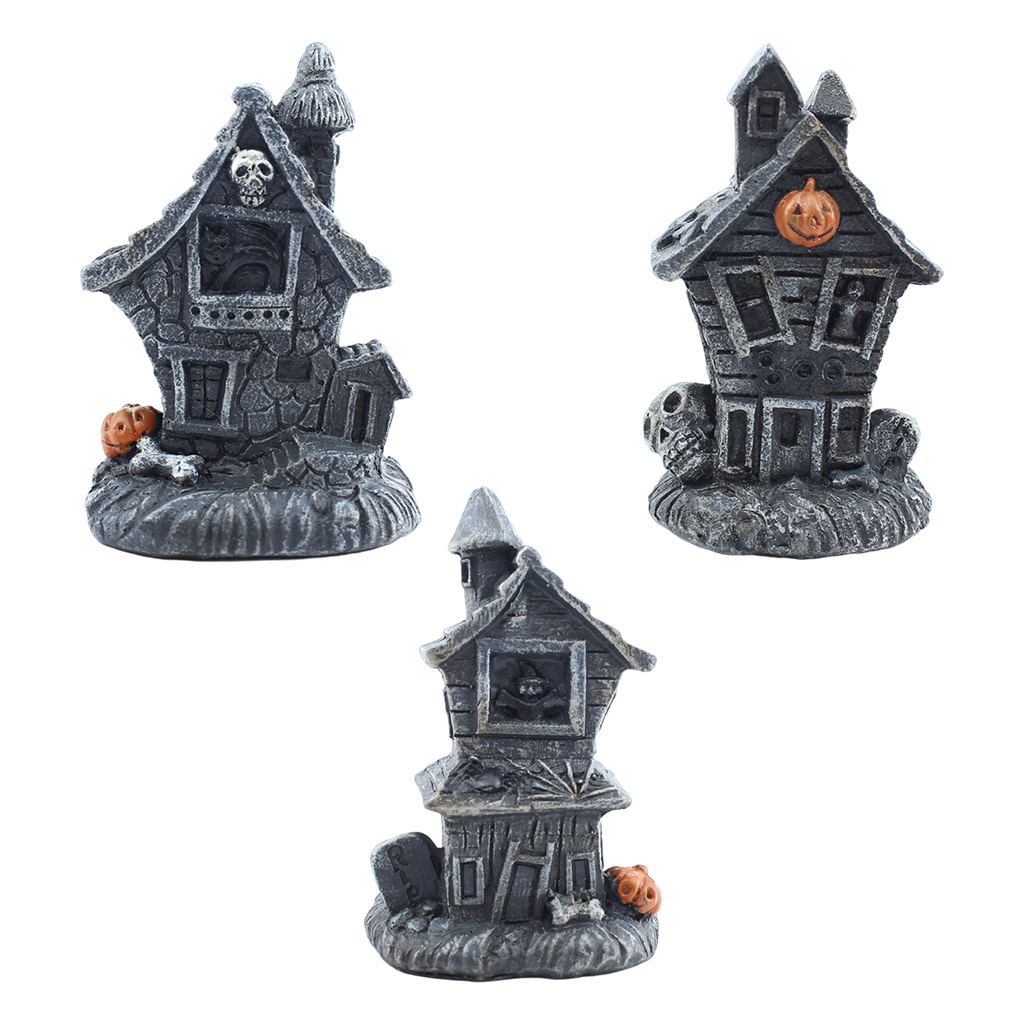 Hand Painted Waterproof Halloween Mini Haunted House Statue LED Light Decors Table Decorations