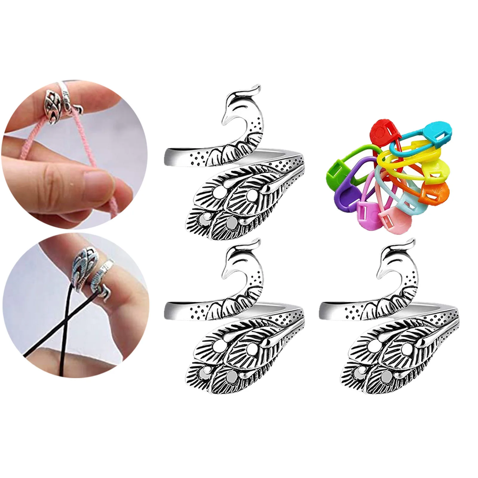 3Pieces Crochet Ring Kit w/ 50 Stitch Marker Peacock Open Finger Ring Knitting Accessories