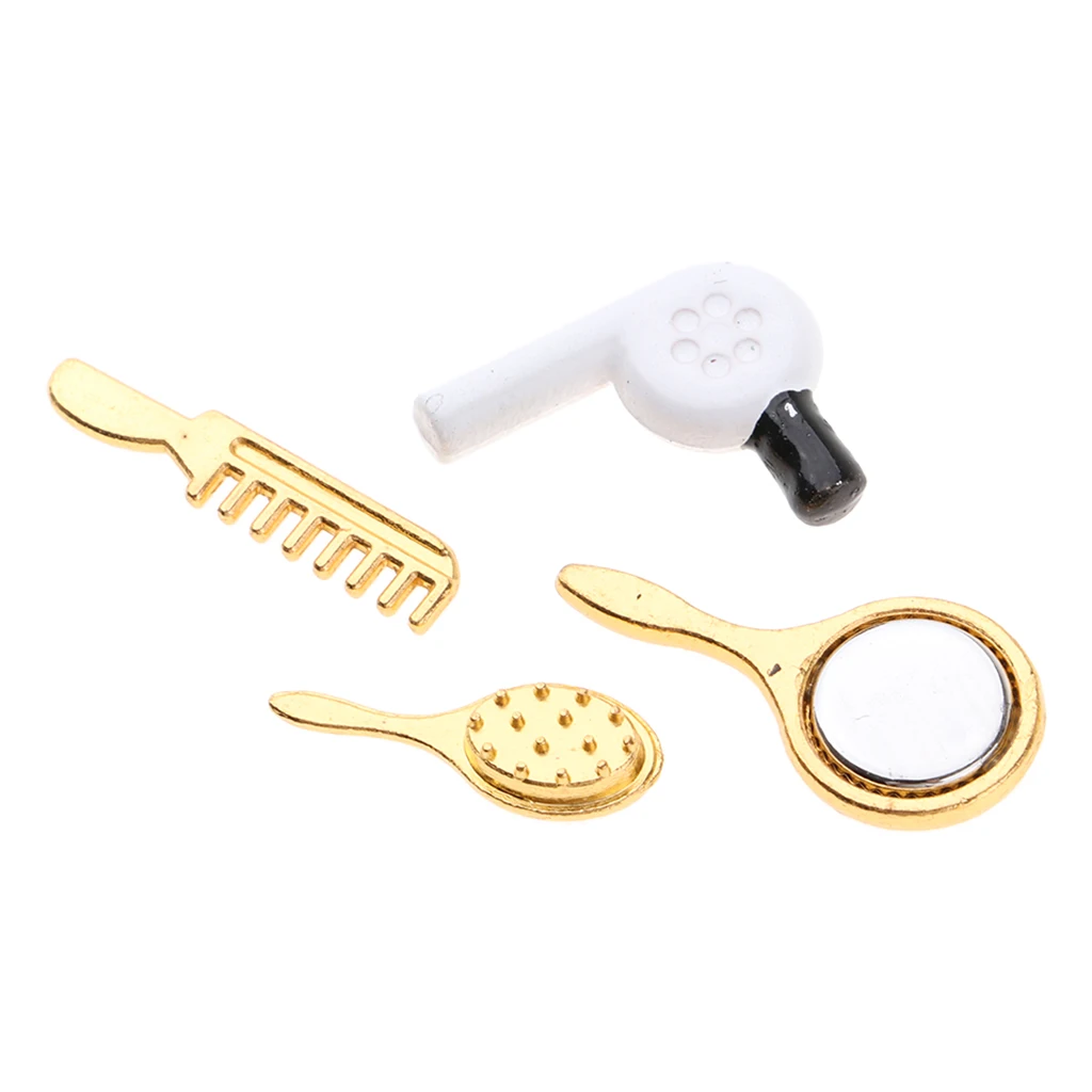 1/12 Dollhouse Miniature Practical Bathroom Accessory Comb Hair Dryer Mirror