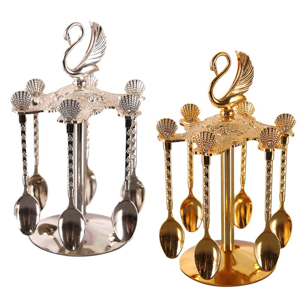 Metal Swan Base Holder and 6 Spoons Jam Spoons Kitchen Dinnerware Set for Stirring Sugar Dessert Ice Cream Coffee