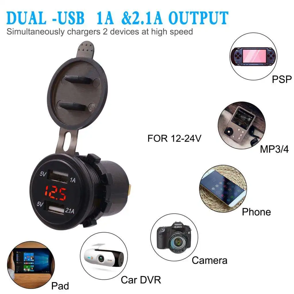 3.1A Dual USB Charger Power Outlet Digital Voltmeter Red LED 12-24V For Car