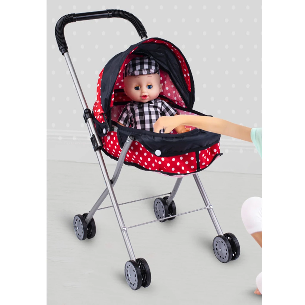 Baby Dolls Strollers Foldable Push Stroller Toddlers Pretend Play Toy Dotted