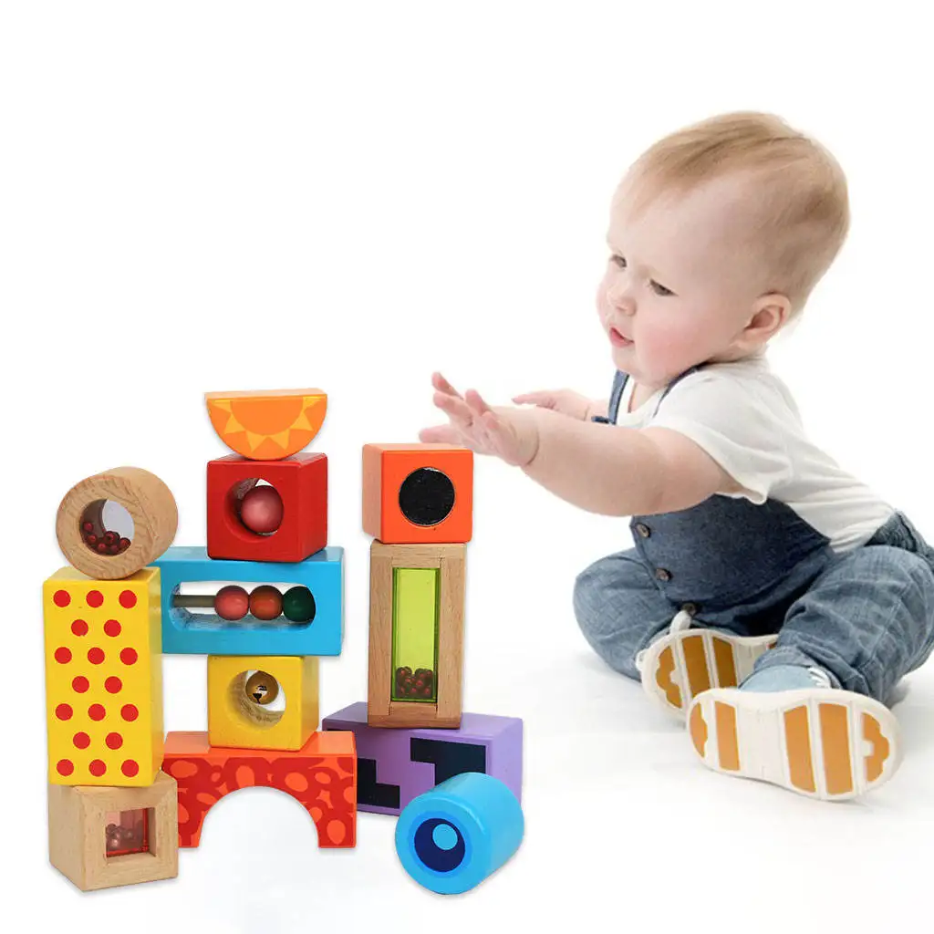 12x Wooden Geometric Shape Stack Block Fine Motor Skills Toys for Kids Baby